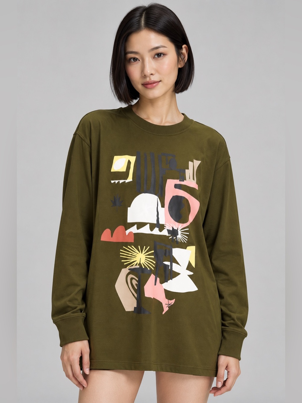 lululemon athletica Olive Green Crewneck Sweater with Multicolor Graphic